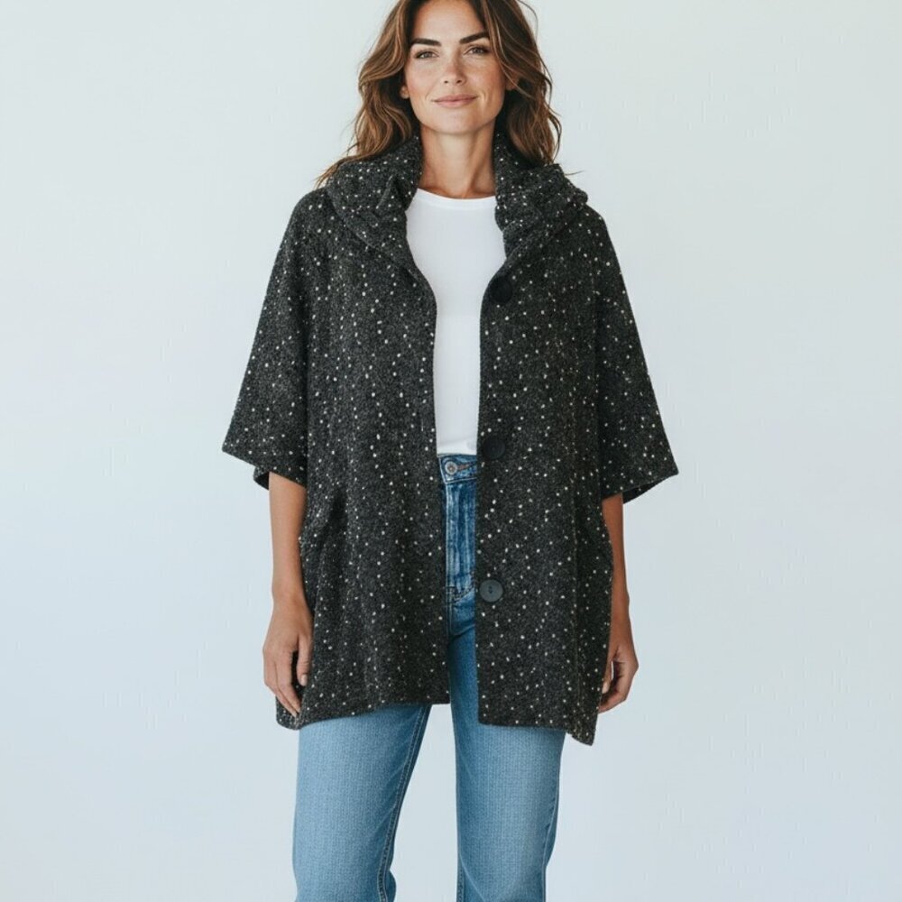 Damee Inc Tweed Jacket Size Small/Medium Button Front 3/4 Sleeves Pockets Brown